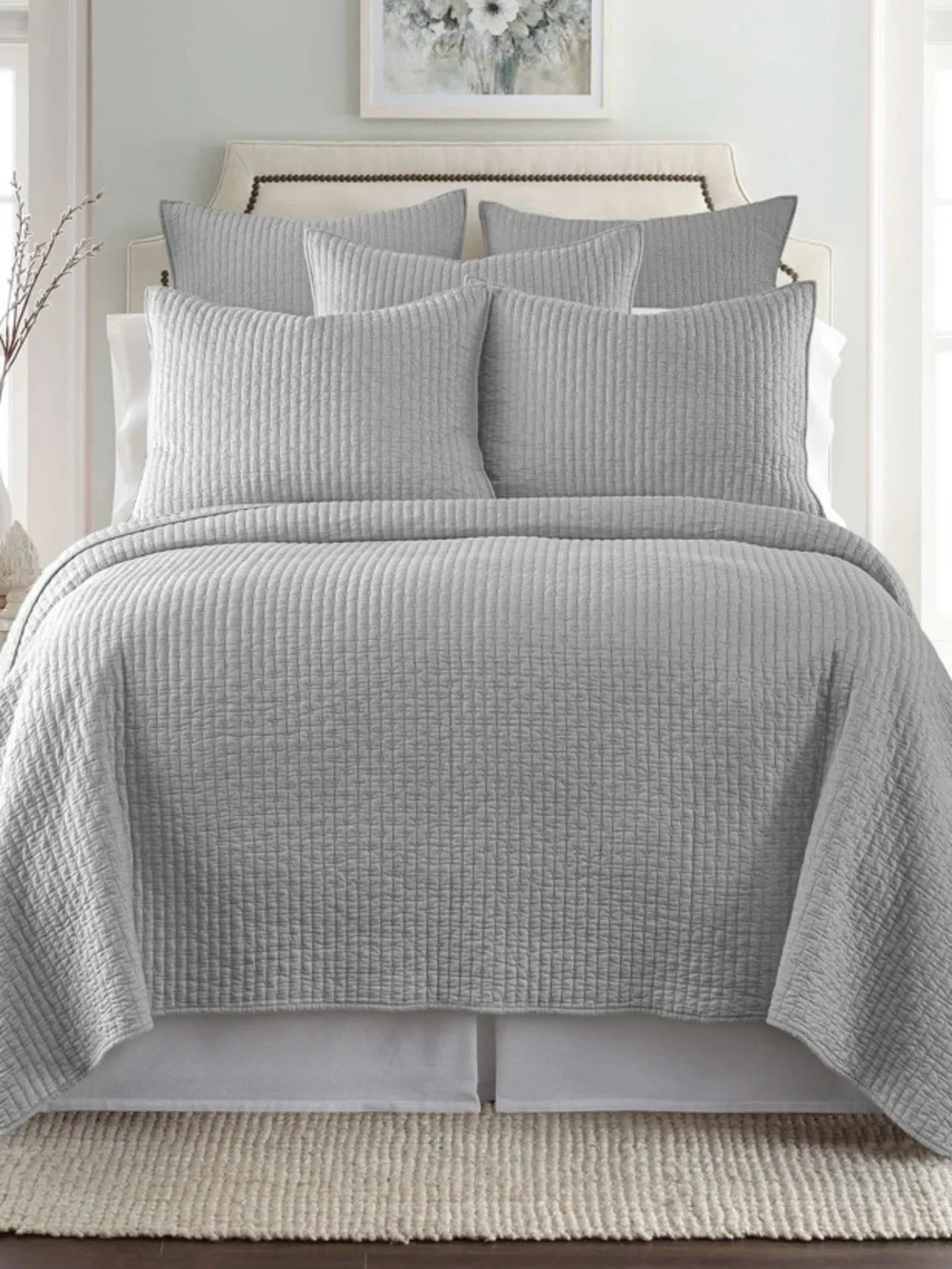 Levtex Home CROSS STITCH LIGHT GREY QUILT SET king 3 PCs